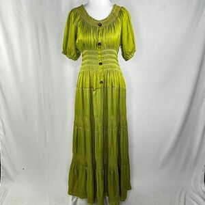 Indigo & Lace Womens XL Maxi Dress Green Smocked Tiered Fairy Boho Cottagecore